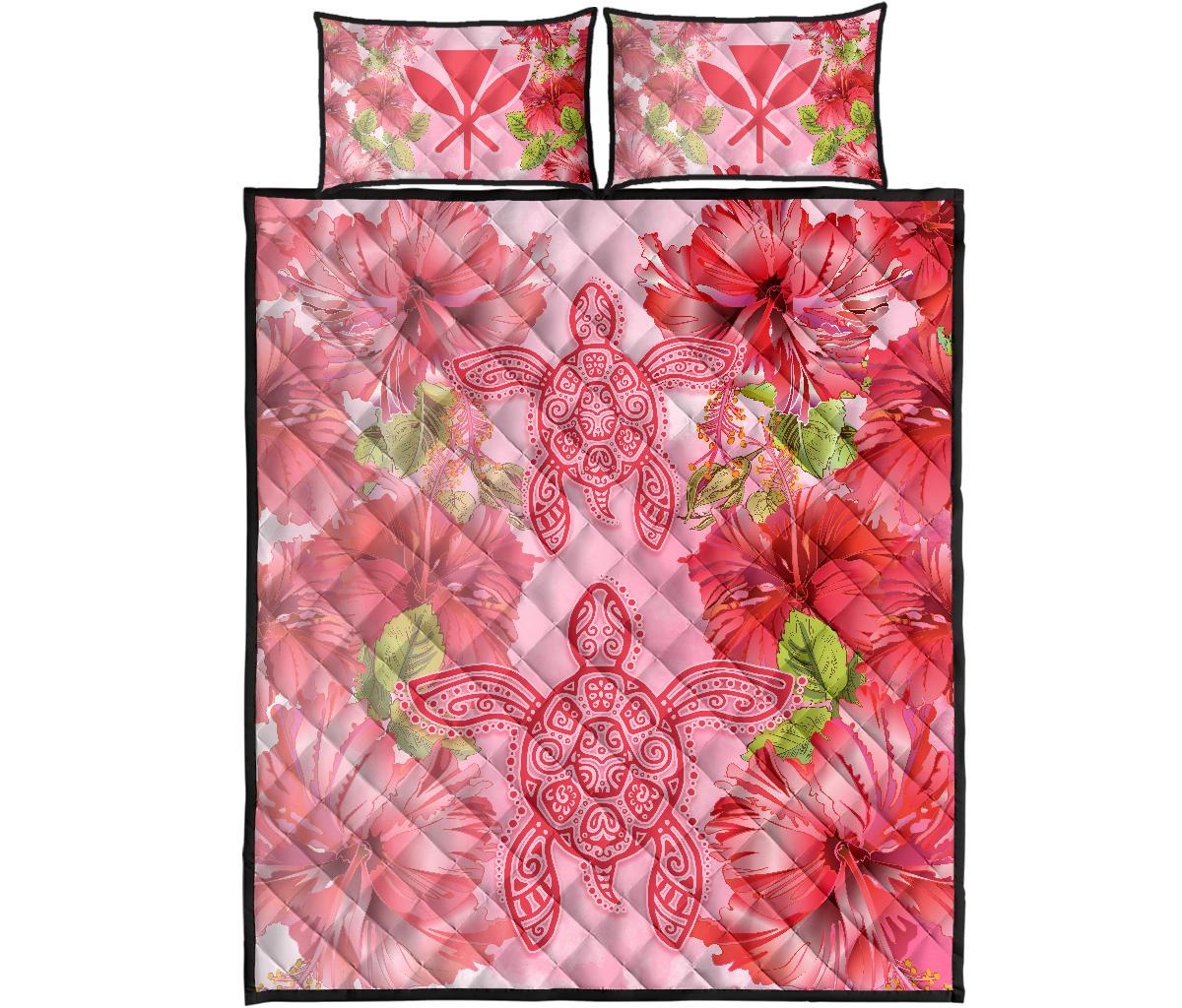 Hawaii Turtle Hibiscus Quilt Bed Set - Pink Style Quilt Bed Set Pink - Polynesian Pride