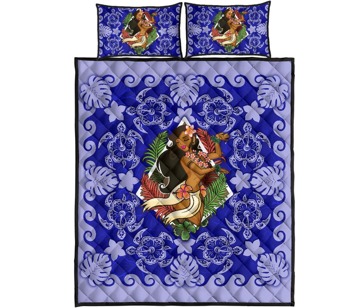 Hawaii Polynesian Quilt Bed Set - Hawaiian Dancing Girl Blue Blue - Polynesian Pride