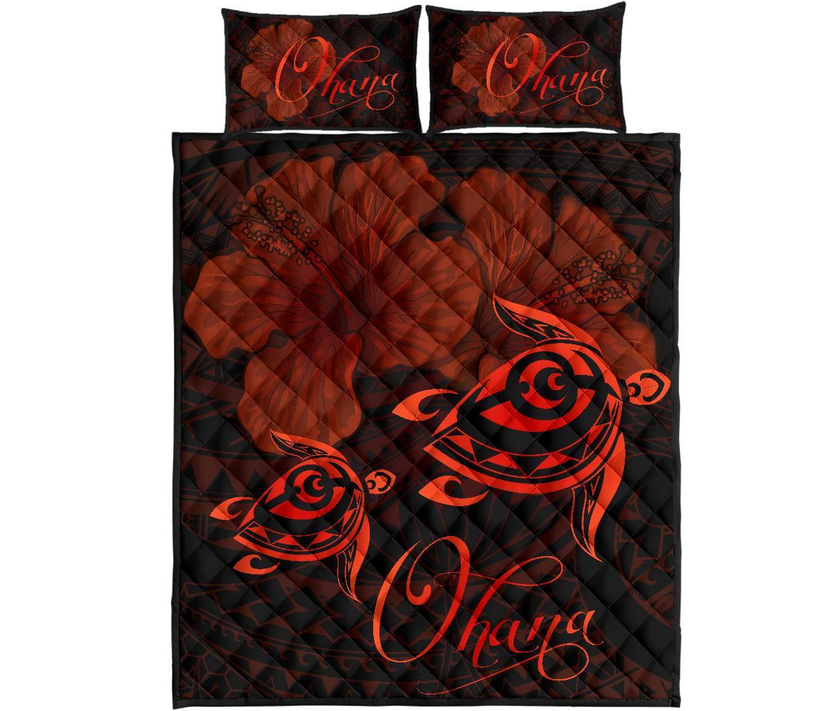 Hawaii Turtle Ohana Hibiscus Poly Quilt Bed Set Red Red - Polynesian Pride