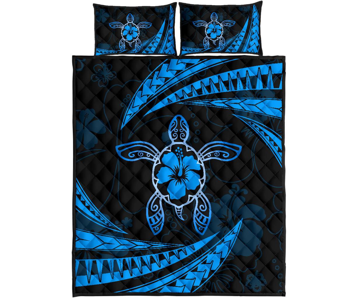 Hawaii Quilt Bed Set - Hibiscus Turtle Tribal Waves Blue Blue - Polynesian Pride