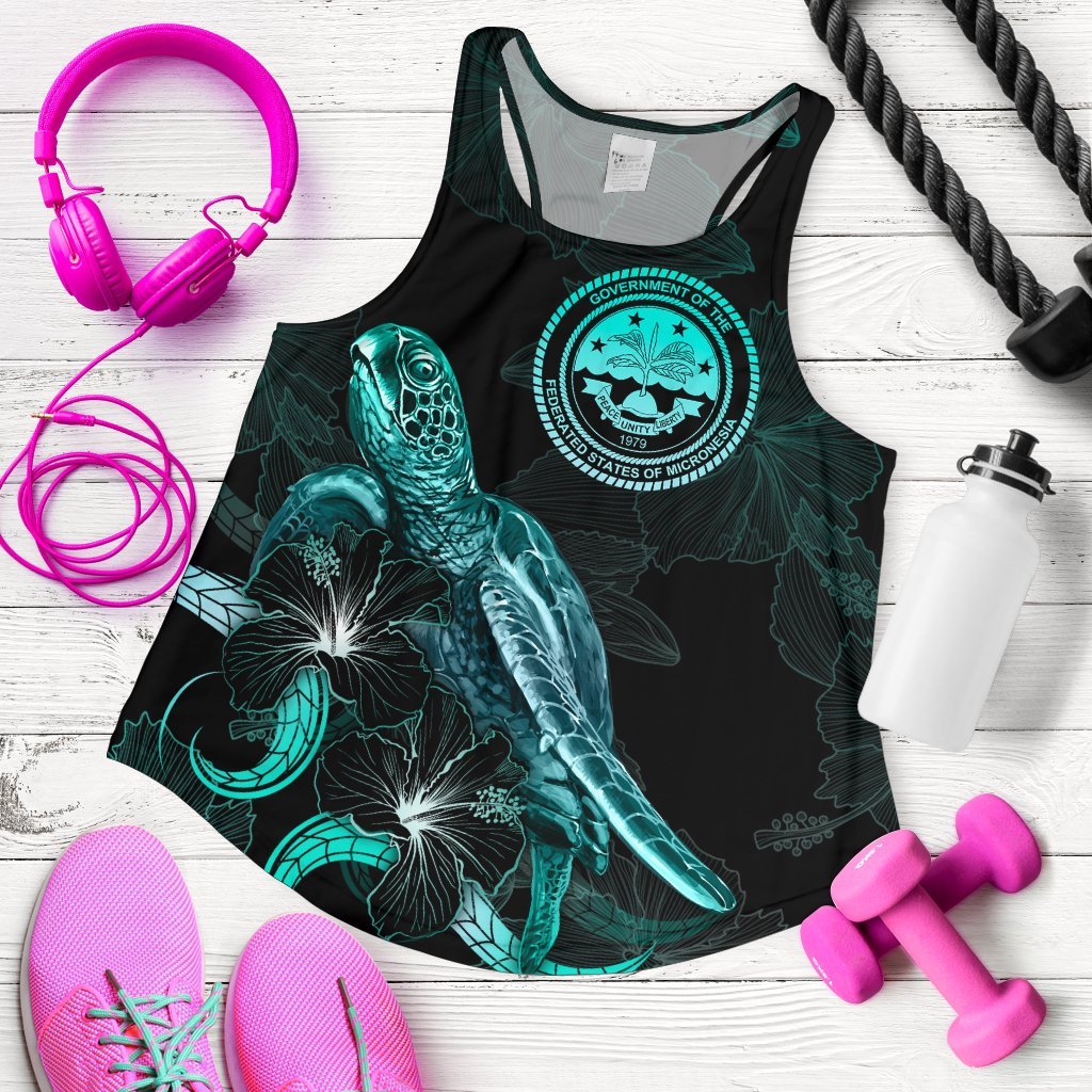 Federated States of Micronesia Polynesian Women Tank Top - Turtle With Blooming Hibiscus Turquoise Turquoise - Polynesian Pride