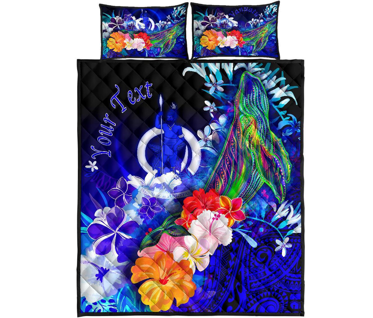 Vanuatu Custom Personalised Quilt Bed Set - Humpback Whale with Tropical Flowers (Blue) - Polynesian Pride