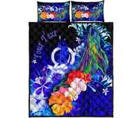 Vanuatu Custom Personalised Quilt Bed Set - Humpback Whale with Tropical Flowers (Blue) - Polynesian Pride