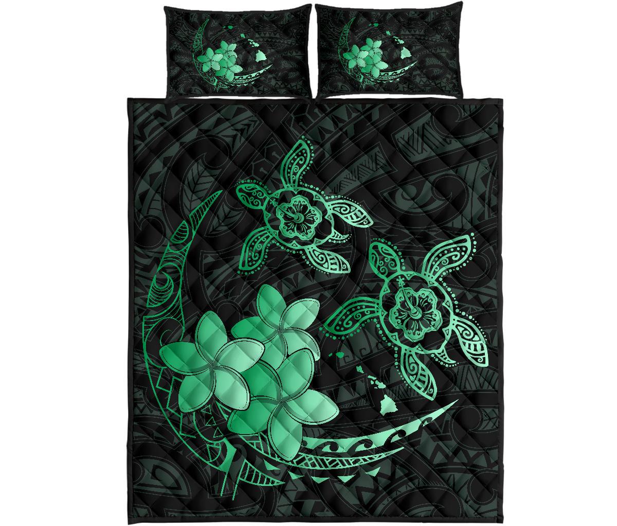 Hawaii Polynesian Turtle Plumeria Quilt Bed Set - Pog Style Green Green - Polynesian Pride