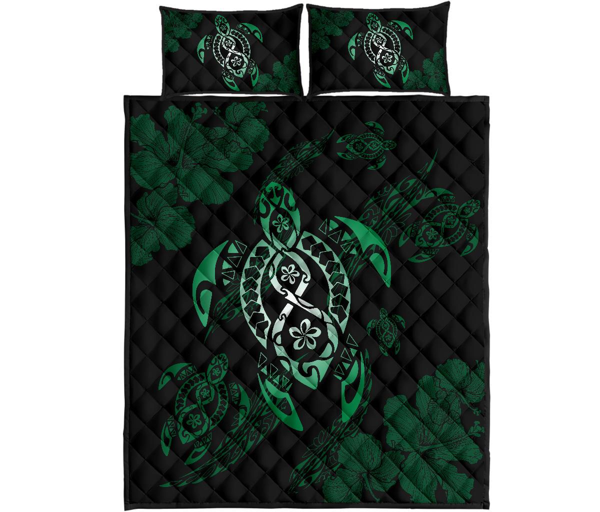 Hawaii Quilt Bed Set - Hawaii Polynesian Turtle Quilt Bed Set Flow Of Turtle Green Black - Polynesian Pride