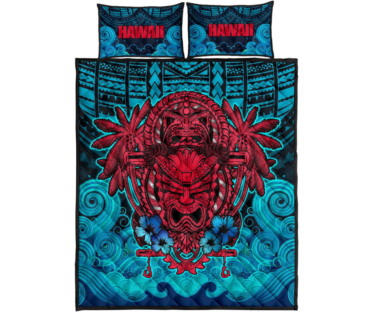 Hawaii Polynesian Quilt Bed Set - Hawaiian Red Tiki Face - Torquoise Version - Polynesian Pride