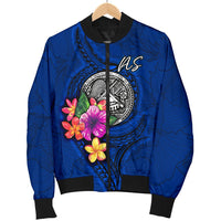 American Samoa Polynesian Men's Bomber Jacket - Floral With Seal Blue - Polynesian Pride
