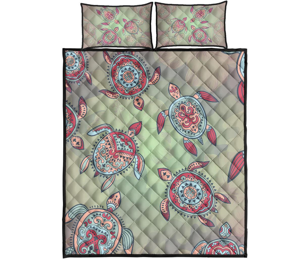 Turtle Colorful Hibiscus Background Quilt Bed Set Black - Polynesian Pride