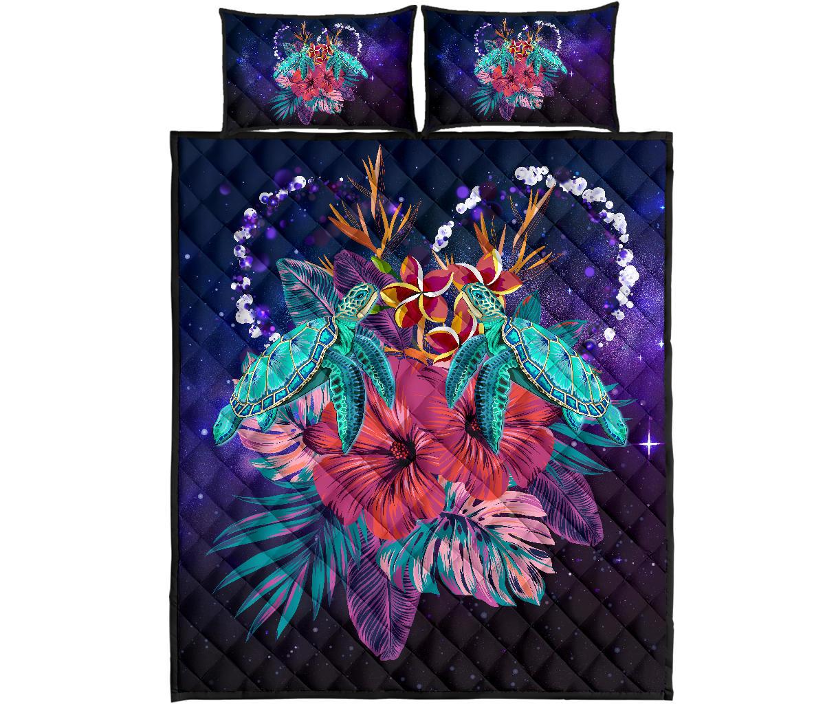 Hawaii Couple Turtle Hibiscus Tropical Quilt Bed Set - Huxley Style - AH Art - Polynesian Pride