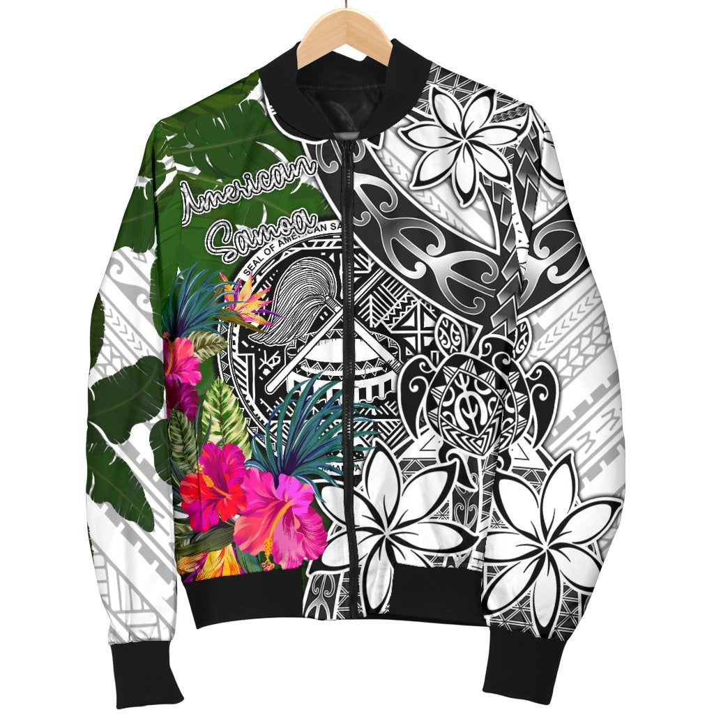 American Samoa Men's Bomber Jacket White - Turtle Plumeria Banana Leaf - Polynesian Pride