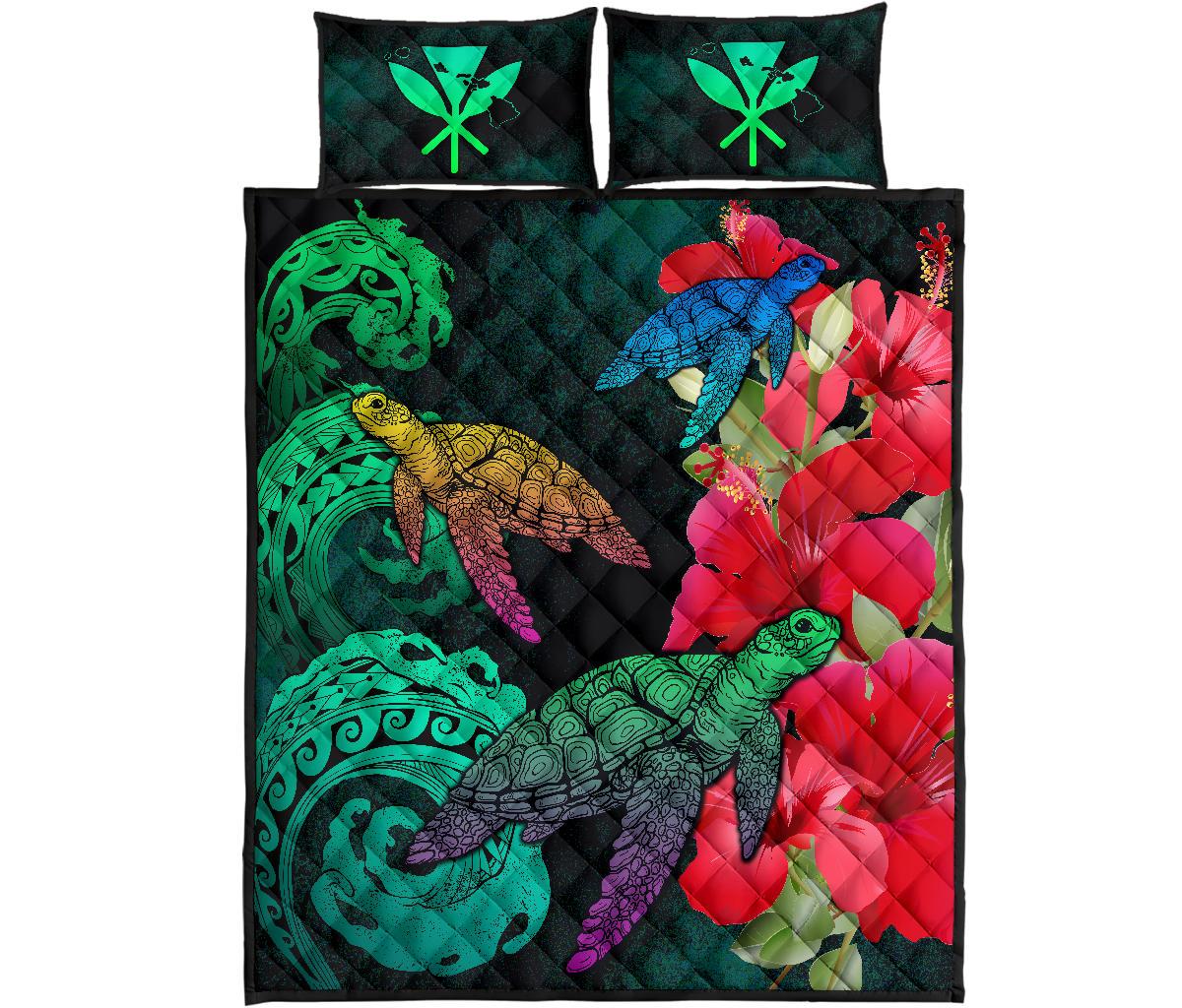 Hawaii Turtle Wave Hibiscus Quilt Bed Set - Unia Style Black - Polynesian Pride