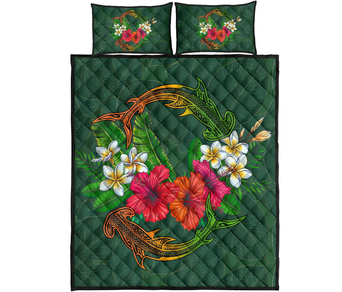 Hawaii Shark Hibiscus Tropical Polynesian Quilt Bed Set - Arian Style - AH Green - Polynesian Pride