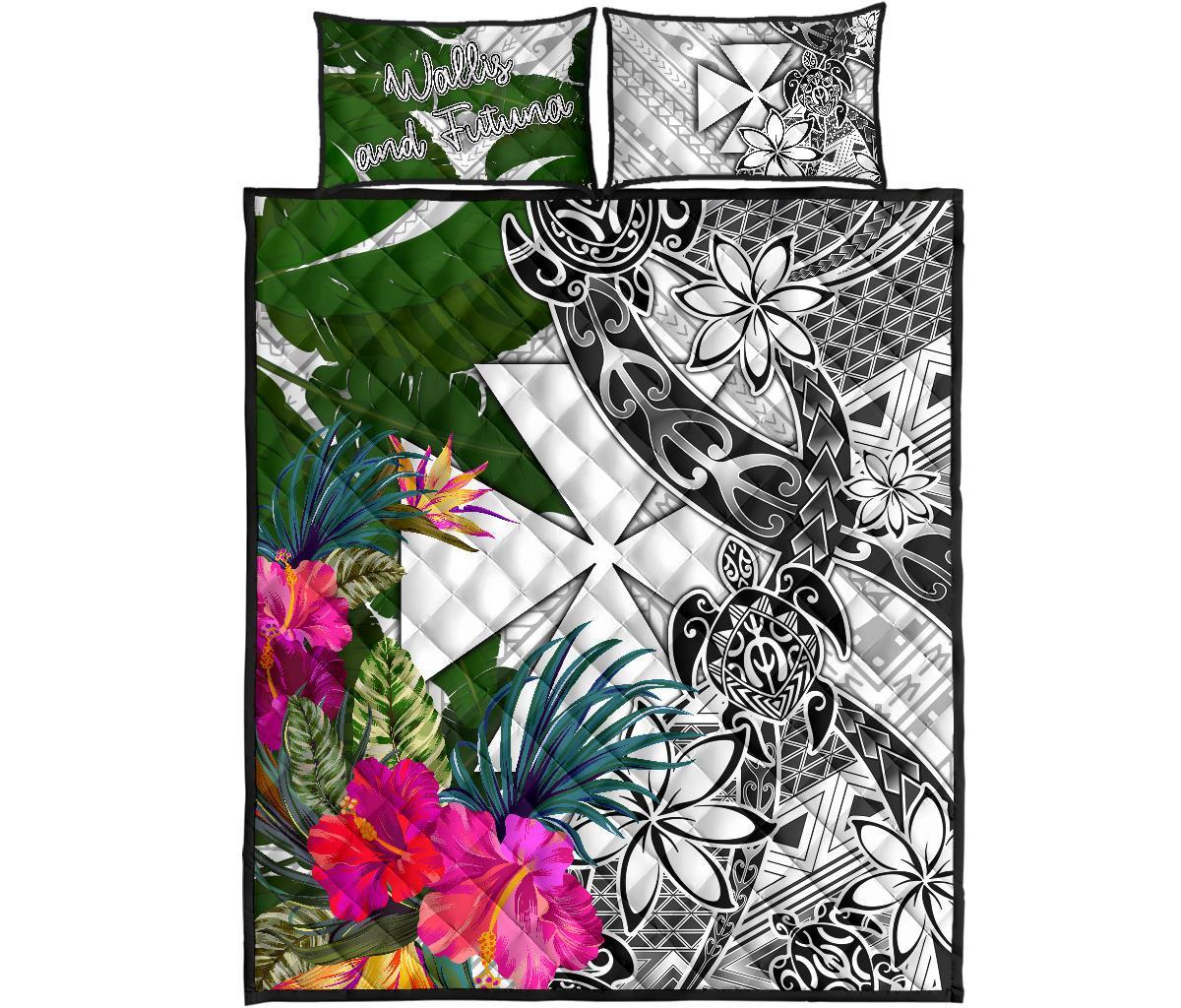 Wallis And Futuna Quilt Bed Set White - Turtle Plumeria Banana Leaf - Polynesian Pride