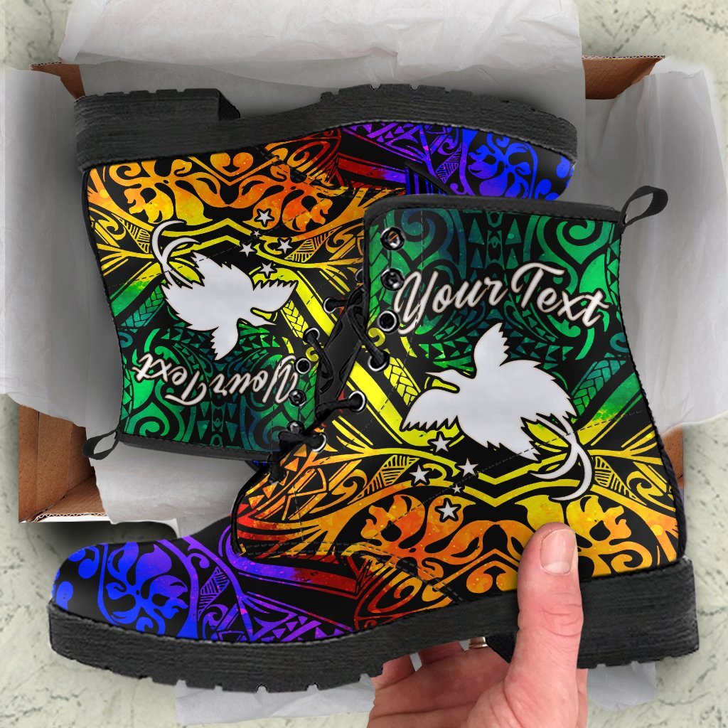 Papua New Guinea Custom Personalised Leather Boots - Rainbow Polynesian Pattern Rainbow - Polynesian Pride