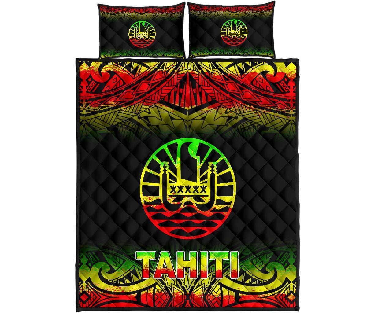 Tahiti Polynesian Quilt Bed Set - Tahiti Flag Reggae Fog Style Art - Polynesian Pride