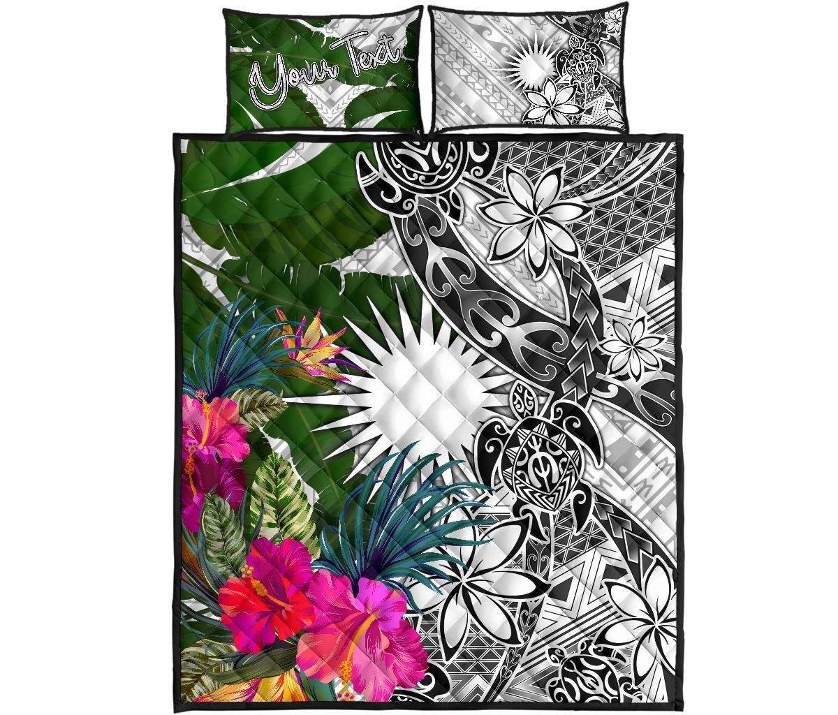 Marshall Islands Custom Personalised Quilt Bet Set White - Turtle Plumeria Banana Leaf - Polynesian Pride