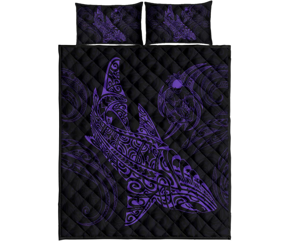 Polynesian Quilt Bed Set - Polynesian Purple Shark Warrior Tattoo Art - Polynesian Pride