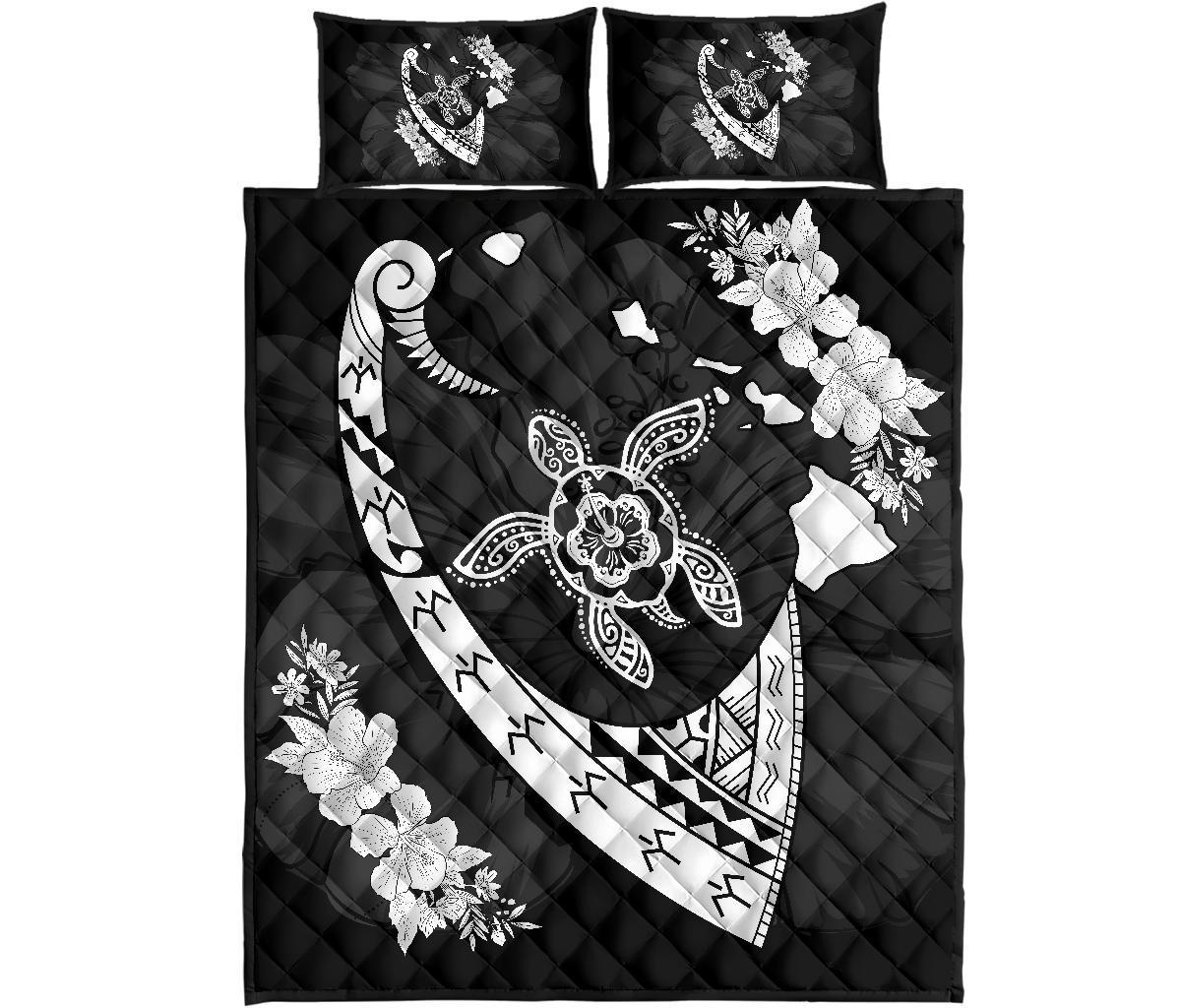 Hawaiian Map Hibiscus Turtle Fish Hook Polynesian Quilt Bedding Set White - Polynesian Pride