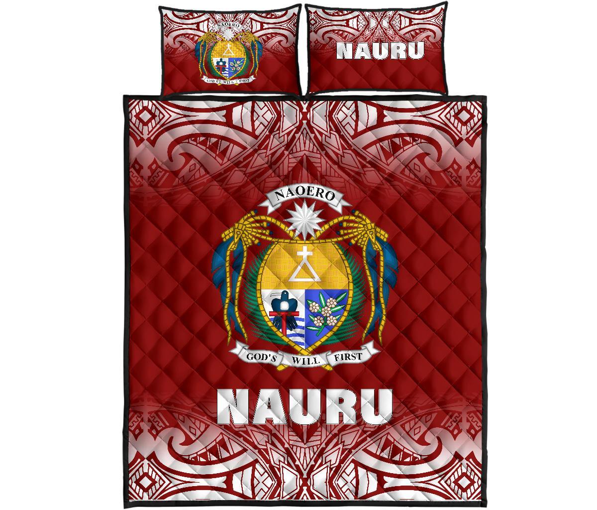 Nauru Quilt Bed Set - Nauru Coat Of Arms Polynesian Tattoo Red Fog Style Red - Polynesian Pride