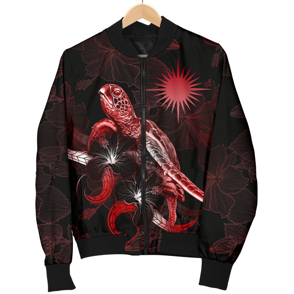 Marshall Islands Polynesian Men's Bomber Jacket - Turtle With Blooming Hibiscus Red - Polynesian Pride