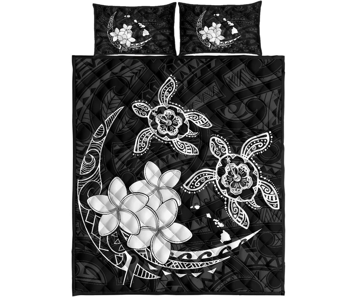 Hawaii Polynesian Turtle Plumeria Quilt Bed Set - Pog Style White White - Polynesian Pride