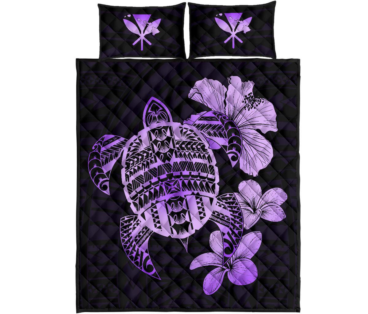 Hawaiian Kanaka Hibiscus Plumeria Mix Polynesian Turtle Quilt Bed Set Violet AH Violet - Polynesian Pride