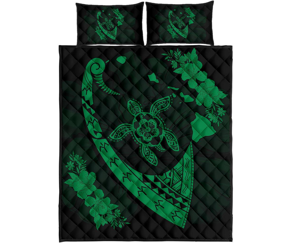 Hawaiian Map Hibiscus Turtle Fish Hook Polynesian Quilt Bedding Set Green Green - Polynesian Pride