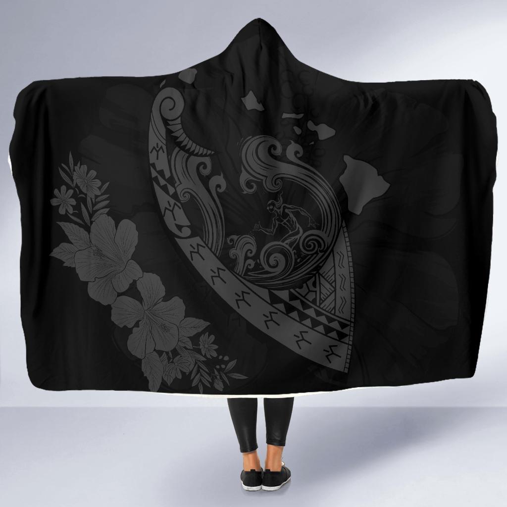 Hawaii Hibiscus Banzai Surfing Hooded Blanket Grey - Polynesian Pride