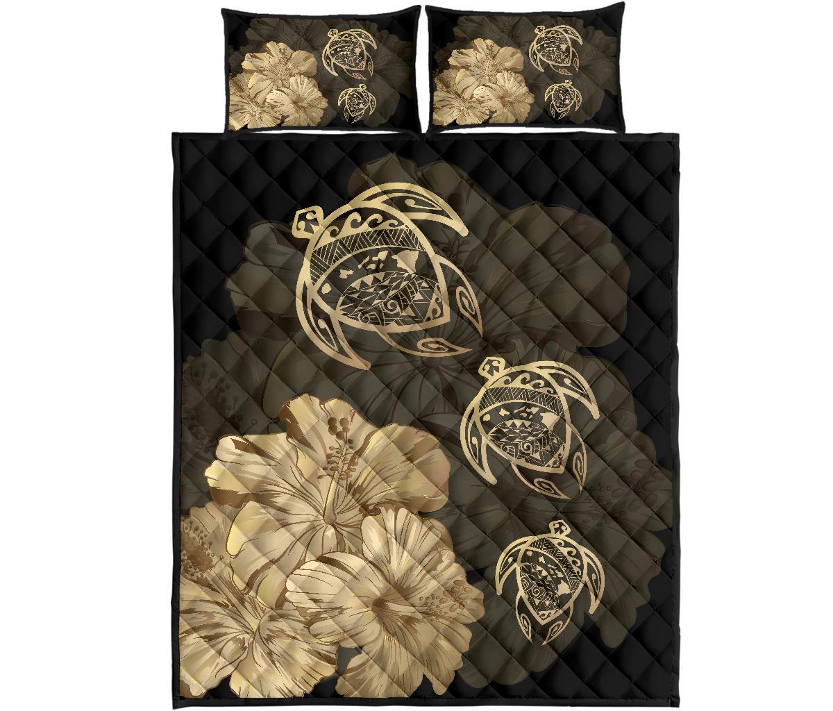 Hawaiian Map Turtle Hibiscus Vintage Polynesian Quilt Bedding Set Gold Gold - Polynesian Pride