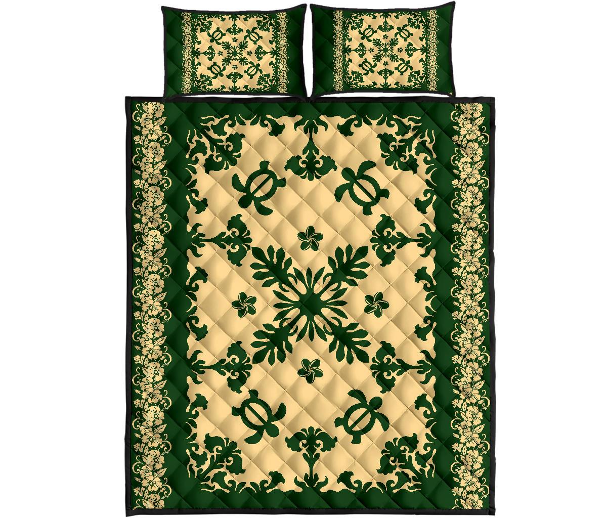 Hawaii Quilt Bed Set - Hawaiian Quilt Turtle Dance Sea Pattern Green - Polynesian Pride