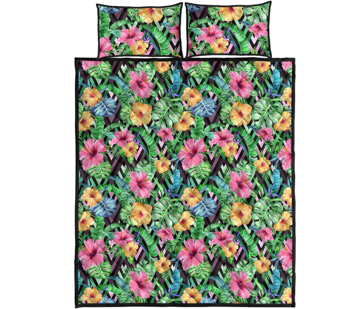 Tropical Hibiscus Banana Leafs Quilt Bed Set Art - Polynesian Pride