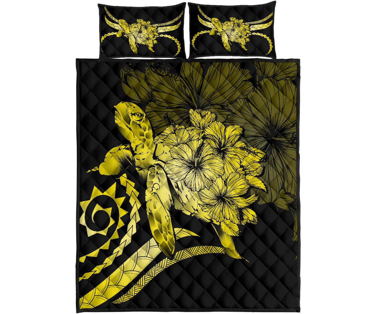 Hawaii Turtle Hibiscus Polynesian Vintage Quilt Bed Set - Yellow Yellow - Polynesian Pride