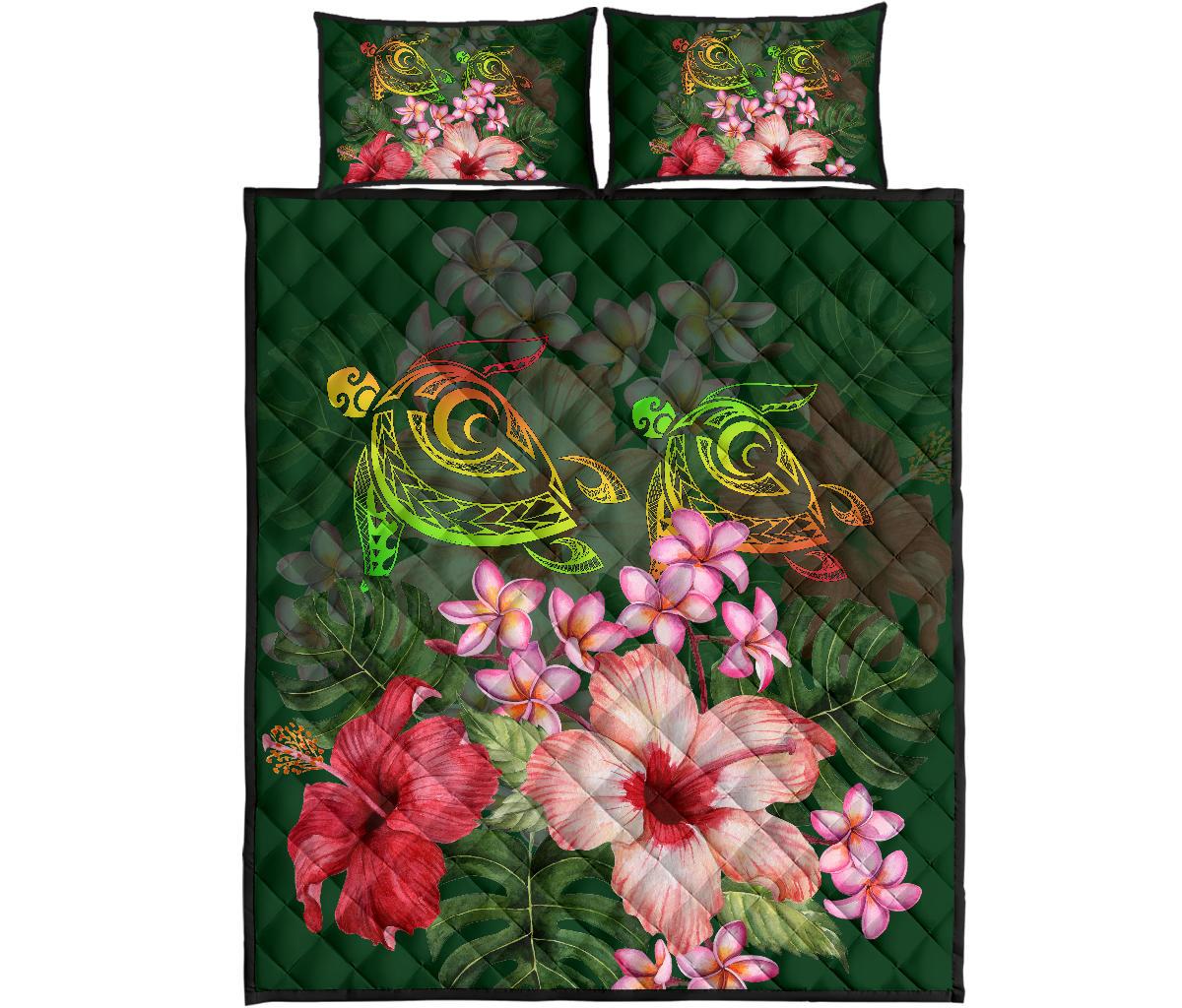 Hawaii Turtle Tropical Flower Quilt Bed Set - Deni Style - AH Green - Polynesian Pride