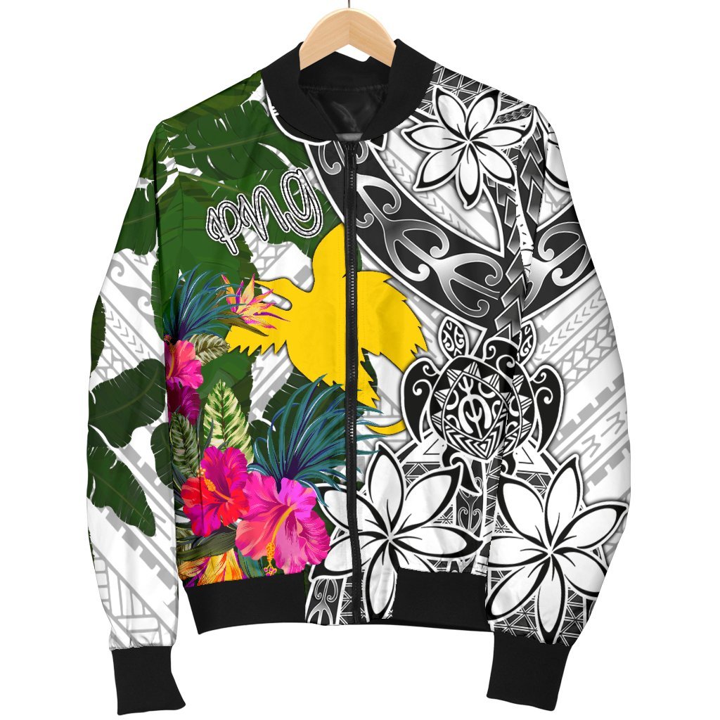 Papua New Guinea Men's Bomber Jacket White - Turtle Plumeria Banana Leaf - Polynesian Pride