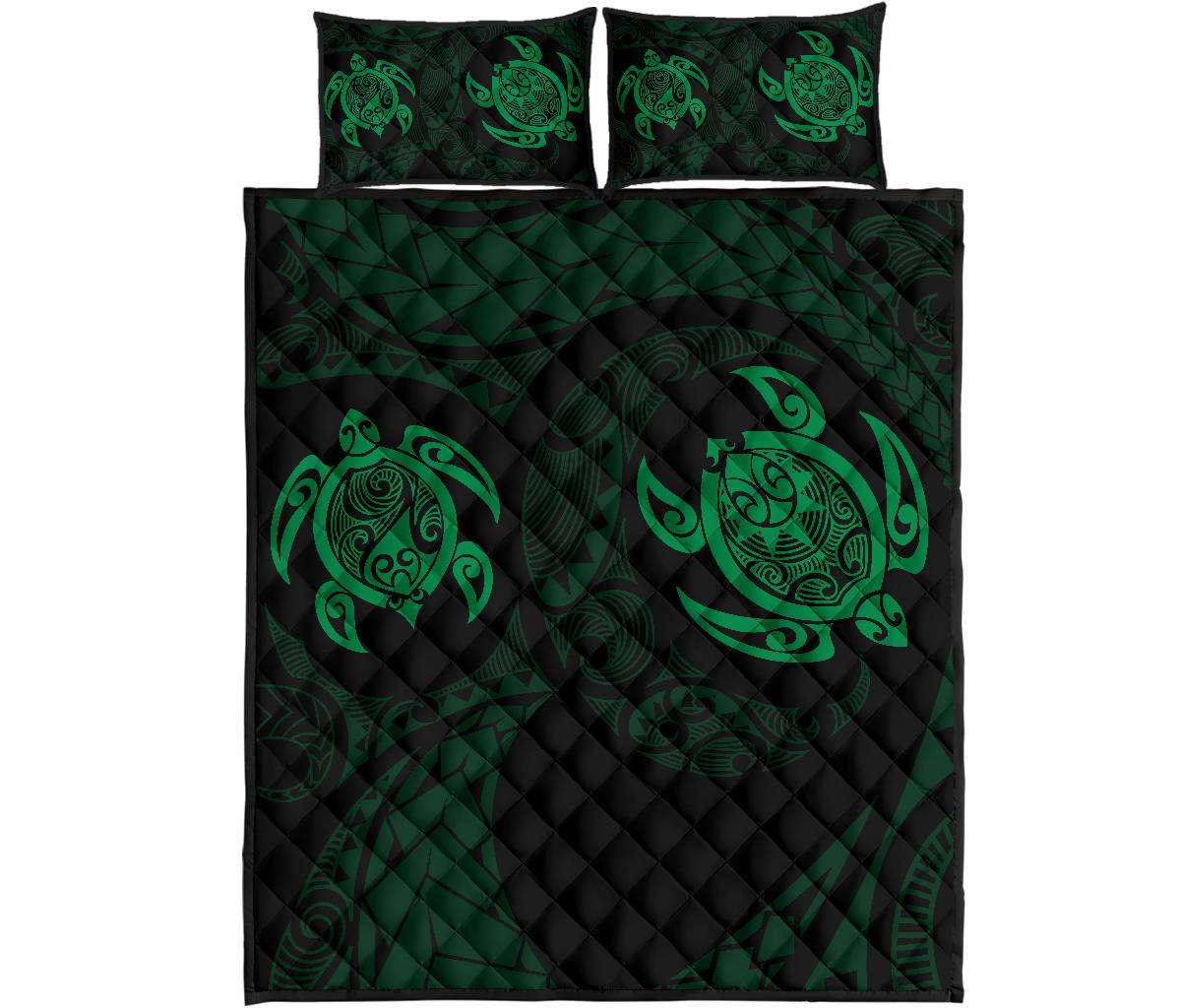 Hawaii Polynesian Turtle Quilt Bed Set Bed Set Green Black - Polynesian Pride