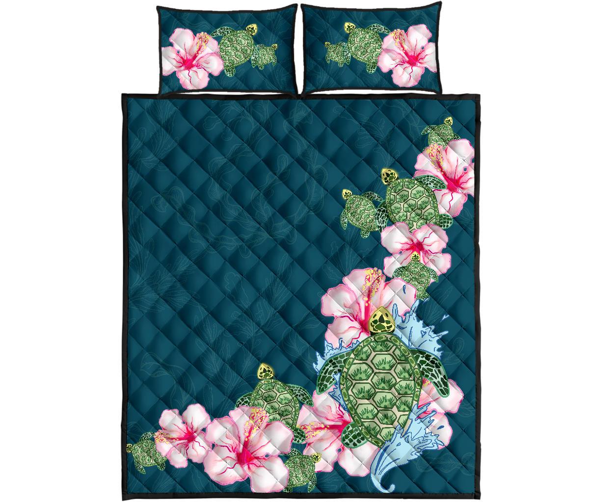 Hibiscus Turtle Dance Quilt Bed Set Black - Polynesian Pride