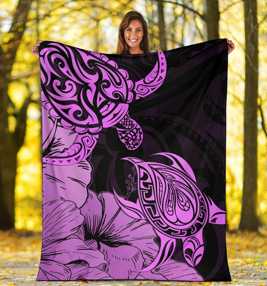 Hawaii Turtle Premium Blanket Polynesian Hibiscus Art Pink AH - Polynesian Pride
