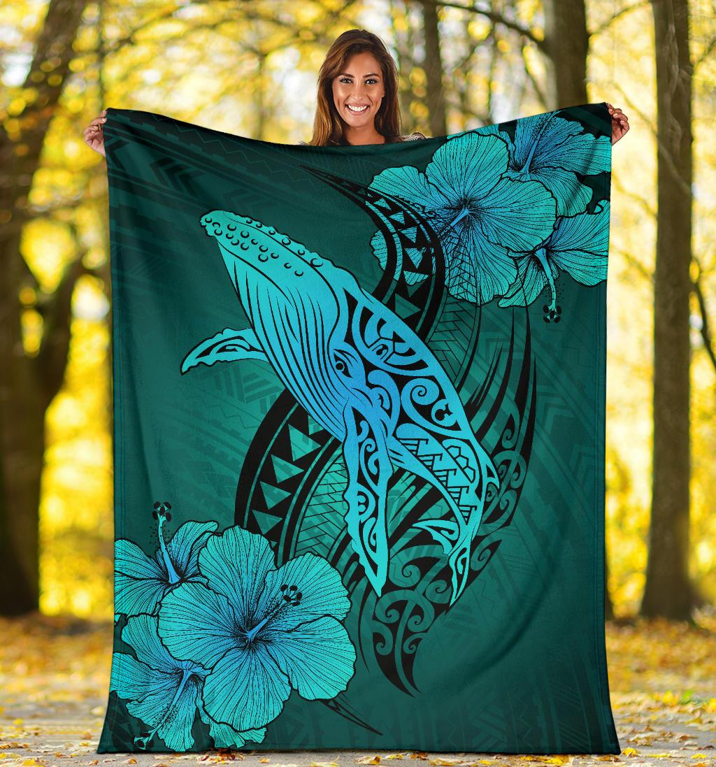 Hawaii Whale Swim Poly Turquoise Premium Blanket - Polynesian Pride