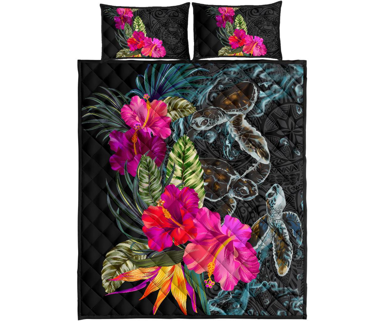 Polynesian Hibiscus Sea Turtle Quilt Bed Set - AH - King Style Black - Polynesian Pride