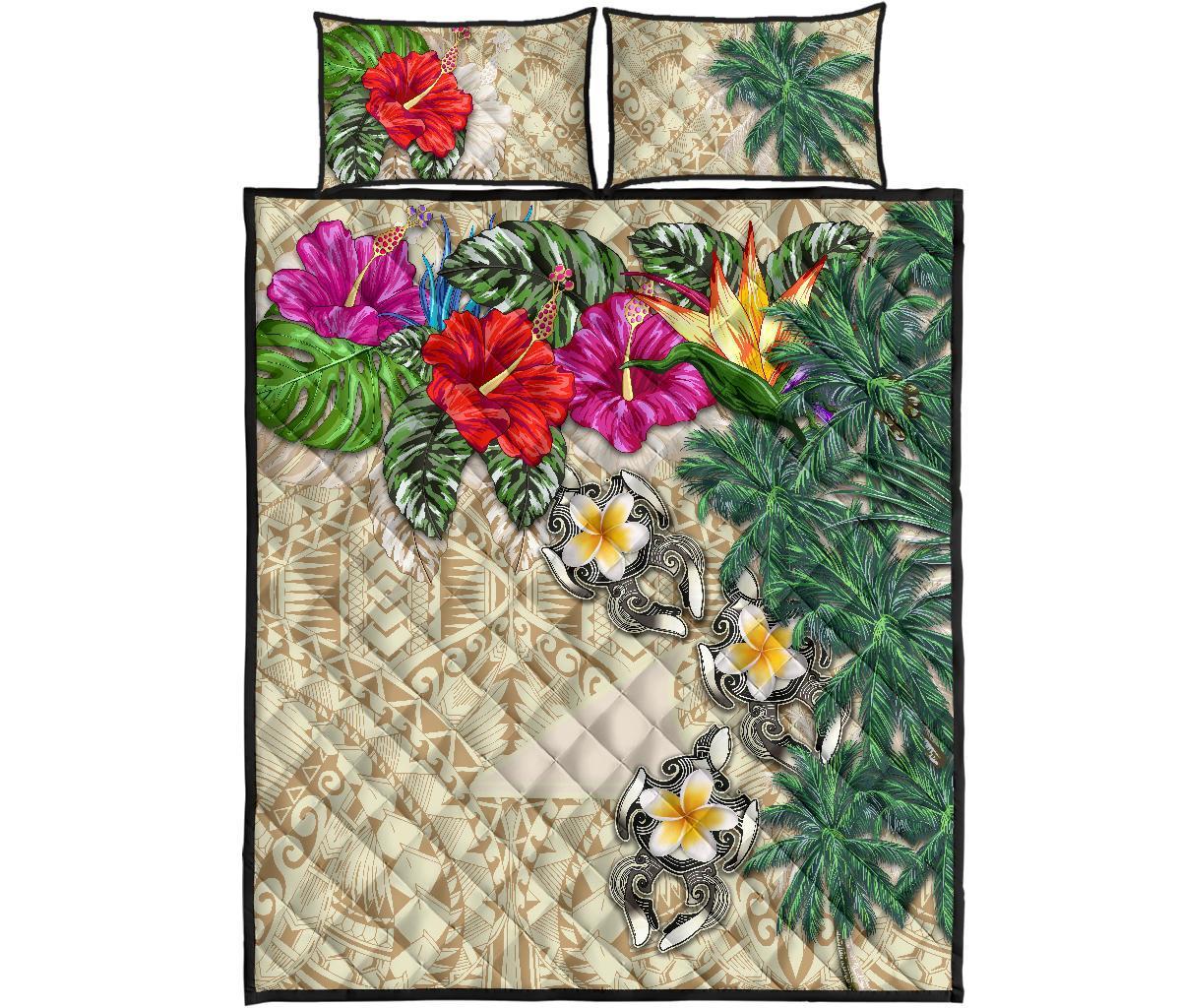 Tokelau Polynesian Quilt Bed Set - Hibiscus Turtle Tattoo Beige - Polynesian Pride