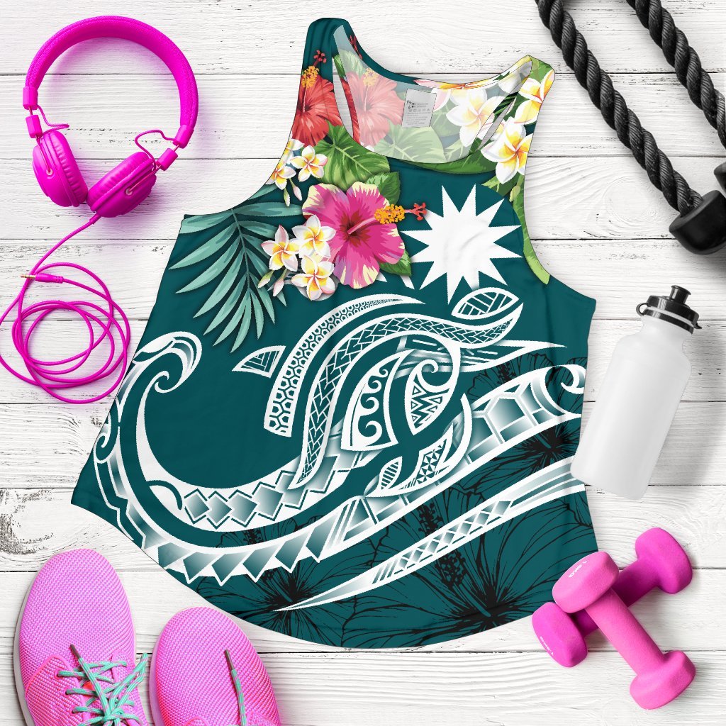 Nauru Polynesian Women's Racerback Tank - Summer Plumeria (Turquoise) Turquoise - Polynesian Pride