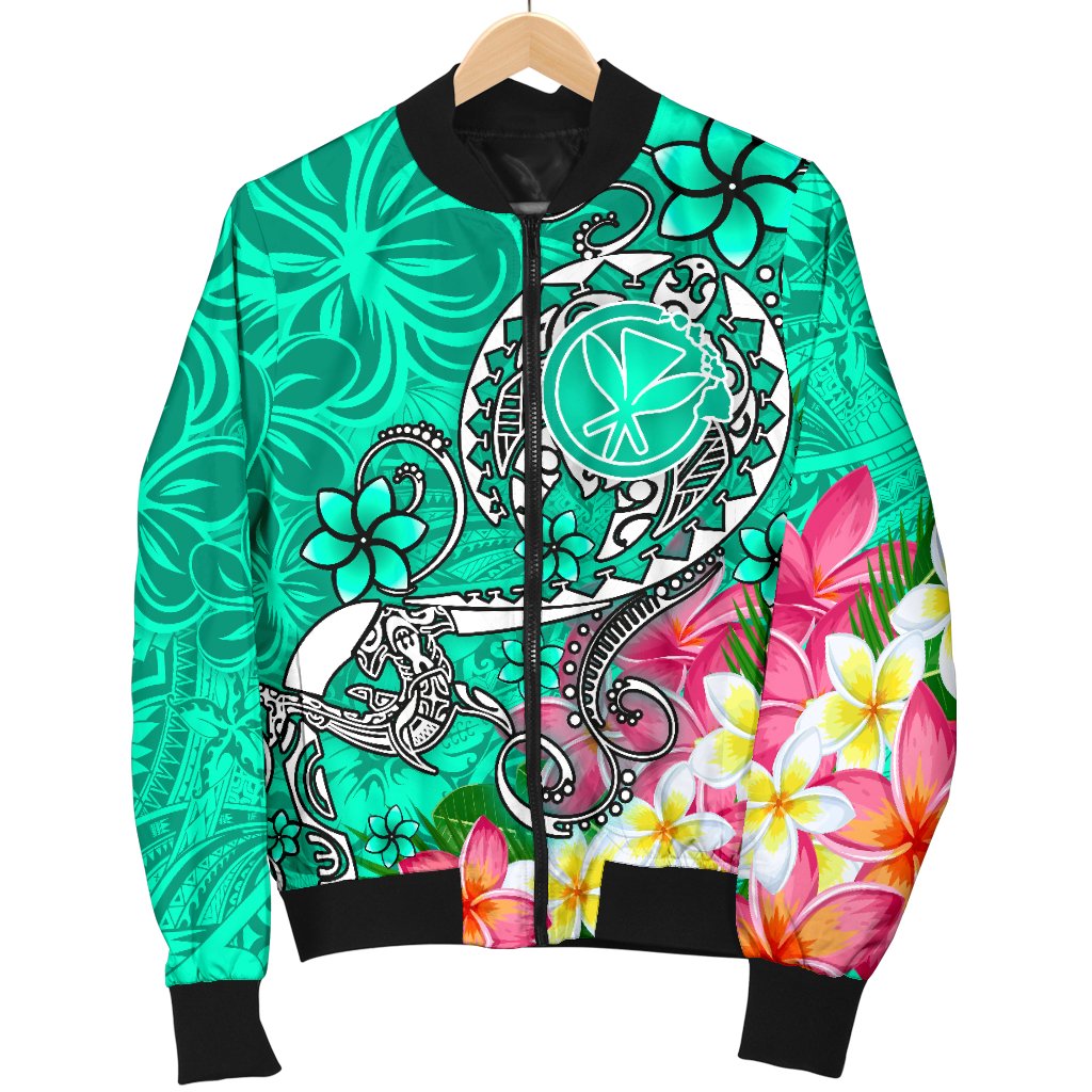 Hawaii Men's Bomber Jacket - Turtle Plumeria Polynesian Tattoo Turquoise Color - Polynesian Pride