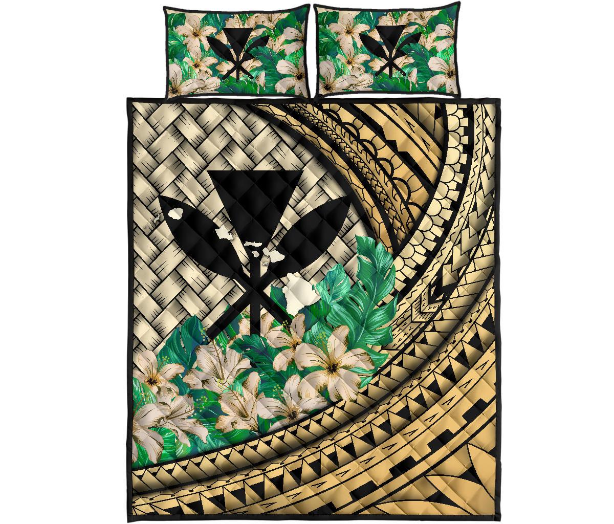 Kanaka Maoli (Hawaiian) - Quilt Bed Set Lauhala Polynesian Hibiscus Gold Gold - Polynesian Pride