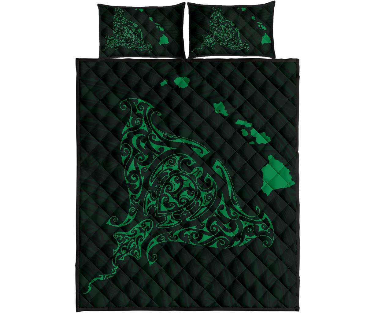 Rays Hawaii Map Polynesian Quilt Bed Set - Green Green - Polynesian Pride