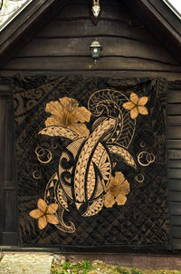Hawaii Turtle Flower Polynesian Premium Quilt - Gold - Polynesian Pride