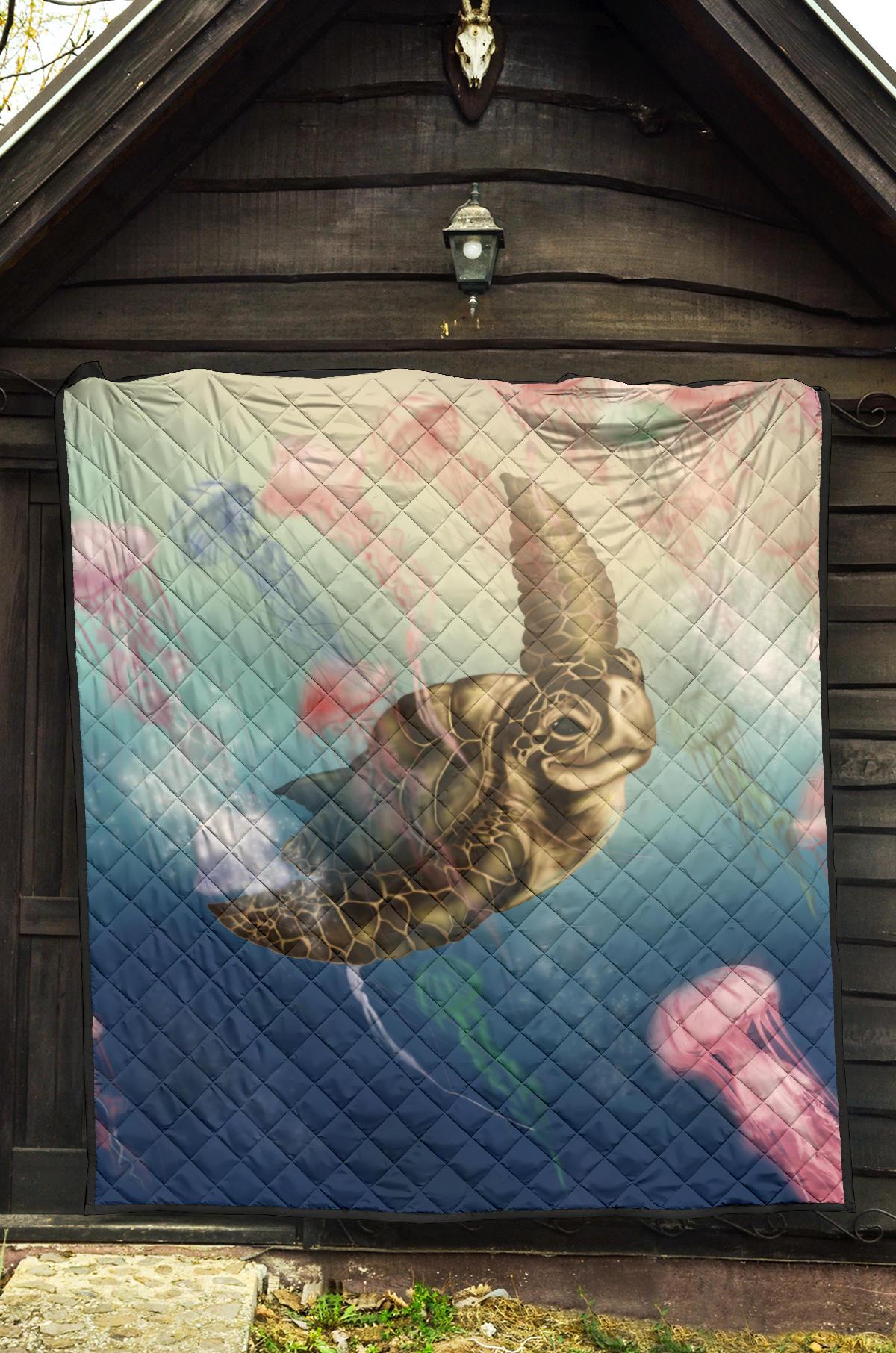 Hawaii Turtle And Jellyfish In Deep Sea Moana Premium Quilt - Polynesian Pride