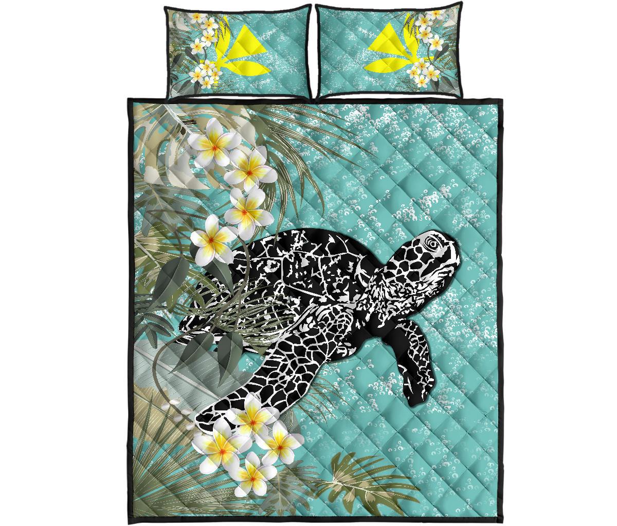 Hawaii Turtle Sea Plumeria Quilt Bed Set Blue - Polynesian Pride