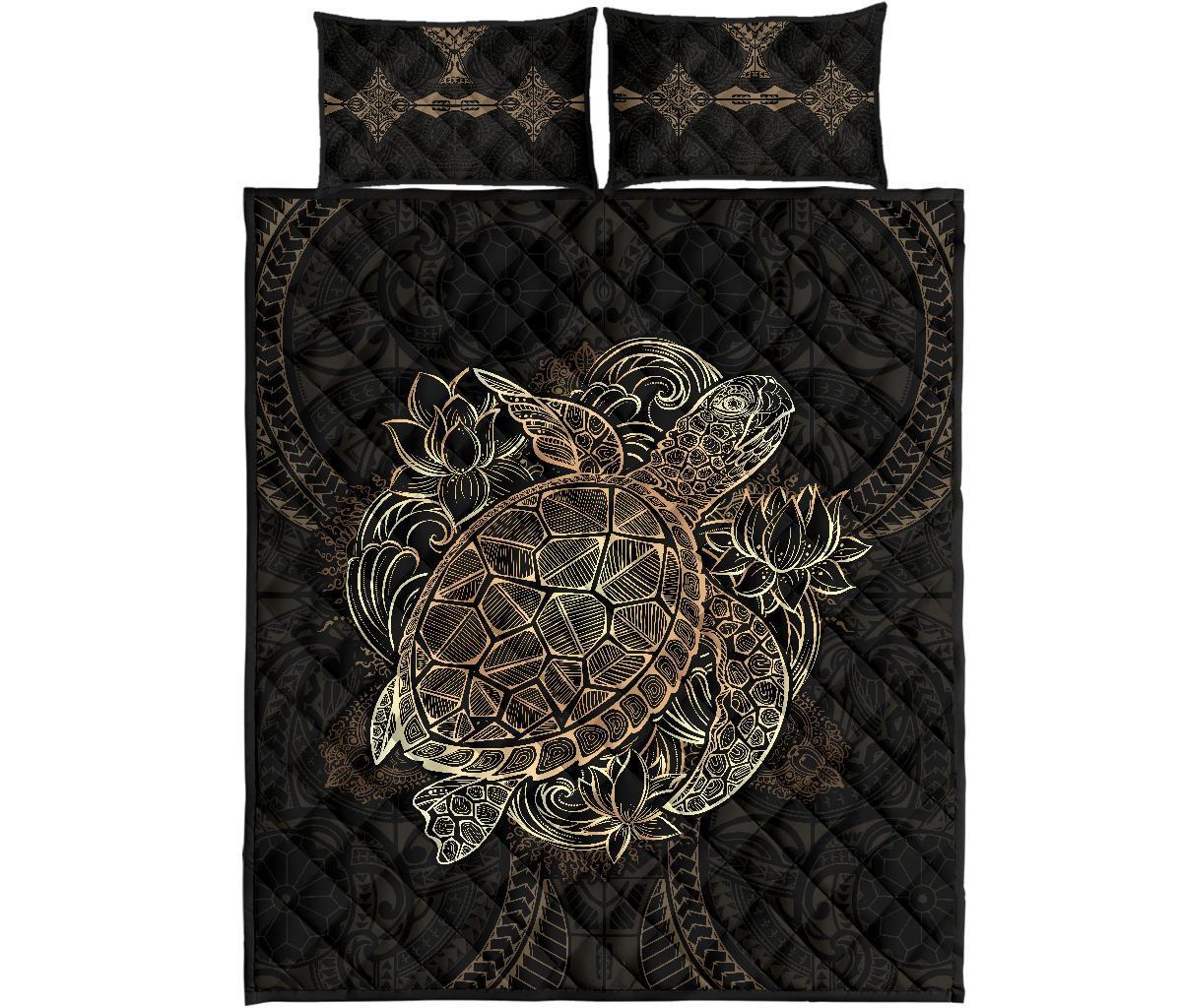 Hawaiian Polynesian Quilt Bed Set - Gold Turtle Floral Gold - Polynesian Pride