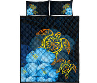 Hawaii Quilt Bed Set - Turtle Hibiscus Pattern Hawaiian Quilt Bed Set - Blue - Polynesian Pride