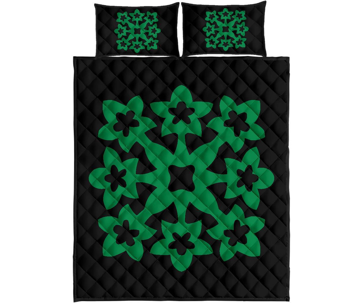 Hawaiian Quilt Bed Set Royal Pattern - Green And Black - A1 Style AH Green - Polynesian Pride